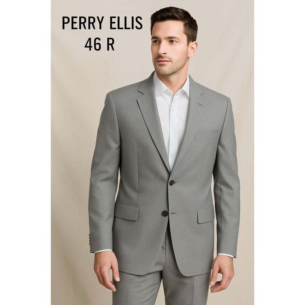 Perry Ellis Mens Gray Blazer Sport‎ Coat 46R Two Button Fully Lined